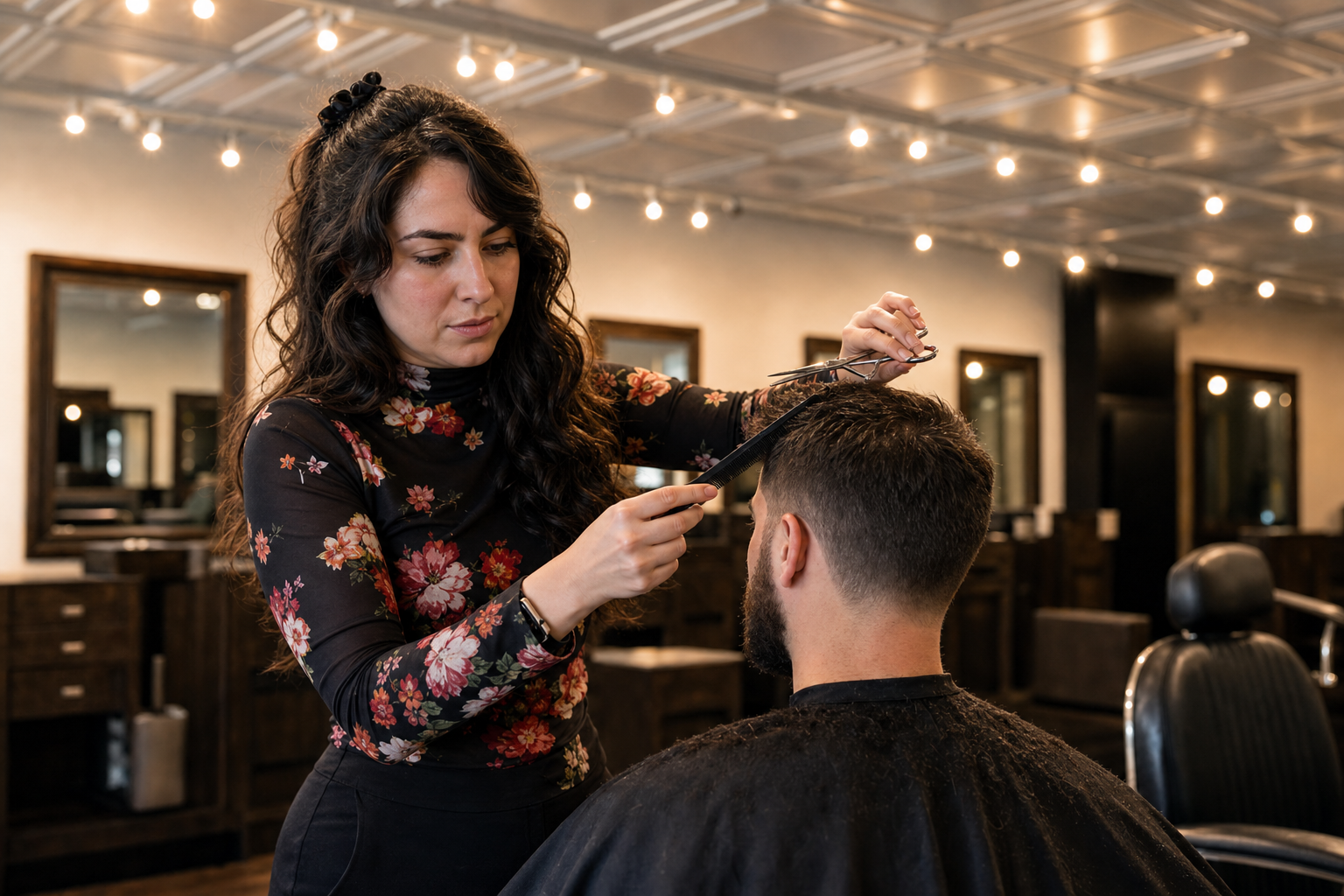 Elle Majors performing precision men's grooming in her salon