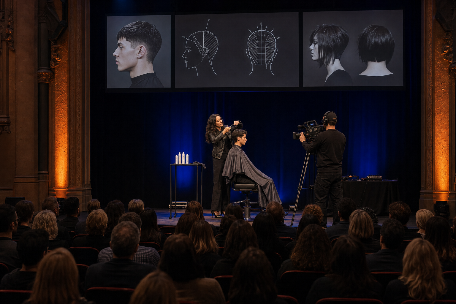 Elle Majors teaching technical haircutting on stage at a professional education event